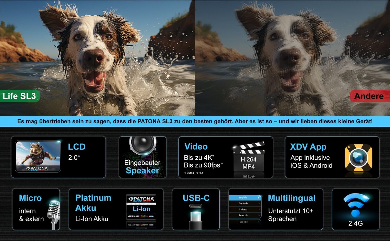 PATONA Platinum Action Cam Life SL3 4K 120fps 16mp 120° 4G+IR RC Wifi APP wiele akcesoriów PATONA Platinum Action Cam Life SL3 4K 120fps 16mp 120° 4G+IR RC Wifi APP wiele akcesoriów