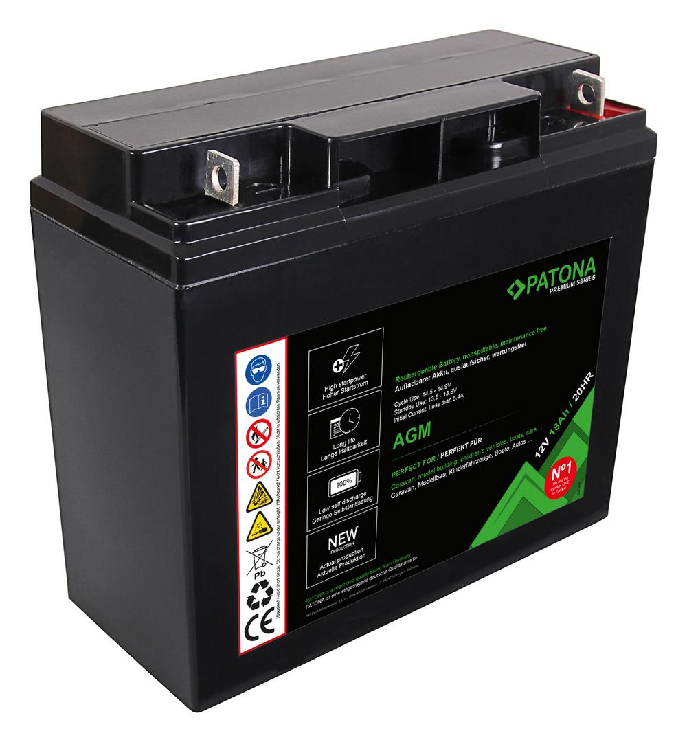 PATONA Premium AGM Lead‑Acid Battery 12 V 18 Ah 20 HR for Caravan, Model Building, Kid Vehicles, Boats, Alarm Systems, Emergency Power, Lawn Mowers, SUV/UTV Systems, UPS Systems, Solar Technology PATONA Premium AGM Lead‑Acid Battery 12 V 18 Ah 20 HR for Caravan, Model Building, Kid Vehicles, Boats, Alarm Systems, Emergency Power, Lawn Mowers, SUV/UTV Systems, UPS Systems, Solar Technology