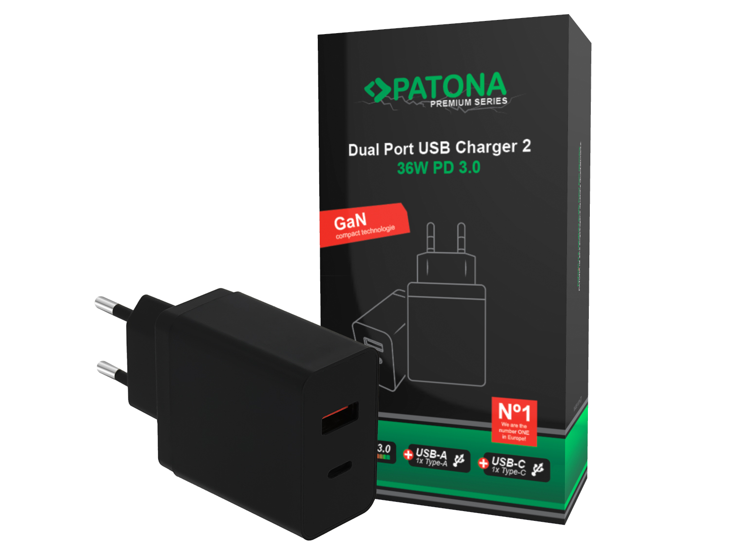 PATONA Premium GaN PD36W Adapter sort 1x USB-C 1x USB-A PD3.0 QC3.0 PATONA Premium GaN PD36W Adapter sort 1x USB-C 1x USB-A PD3.0 QC3.0