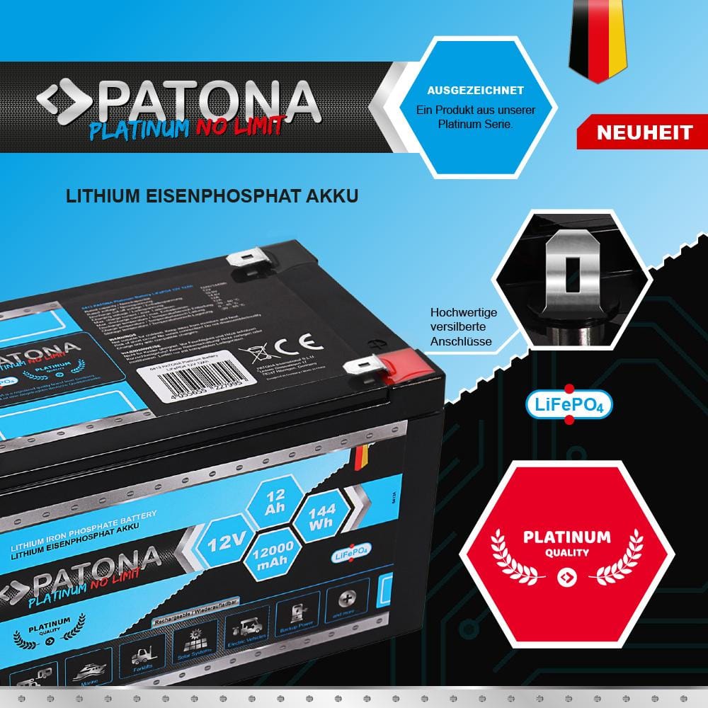 PATONA Platinum LiFePO4 Battery 12 V 12 Ah 144 Wh 12,000 mAh PATONA Platinum LiFePO4 Battery 12 V 12 Ah 144 Wh 12,000 mAh