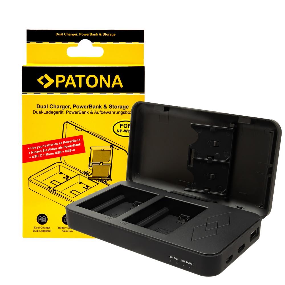 Chargeur double PATONA pour Fuji NP‑W235 XT4 X‑T4 avec fonction powerbank et rangement cartes SD Chargeur double PATONA pour Fuji NP‑W235 XT4 X‑T4 avec fonction powerbank et rangement cartes SD