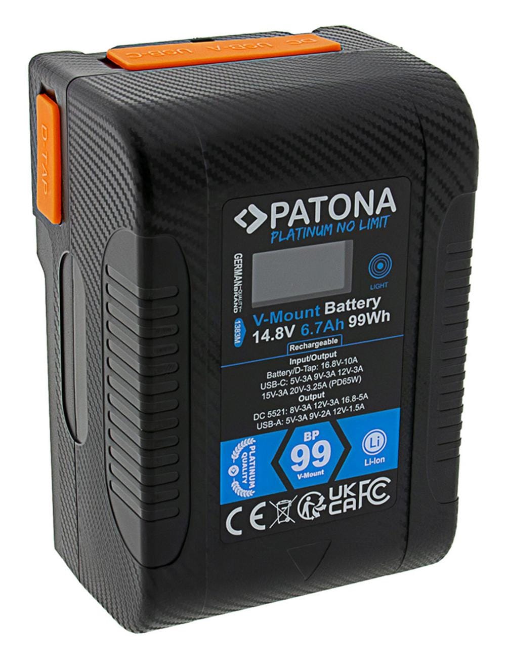 PATONA Platinum V-Mount Battery BP-99W PD65 99Wh USB-C USB-A 2x D-Tap DC-out with Hardcase PATONA Platinum V-Mount Battery BP-99W PD65 99Wh USB-C USB-A 2x D-Tap DC-out with Hardcase