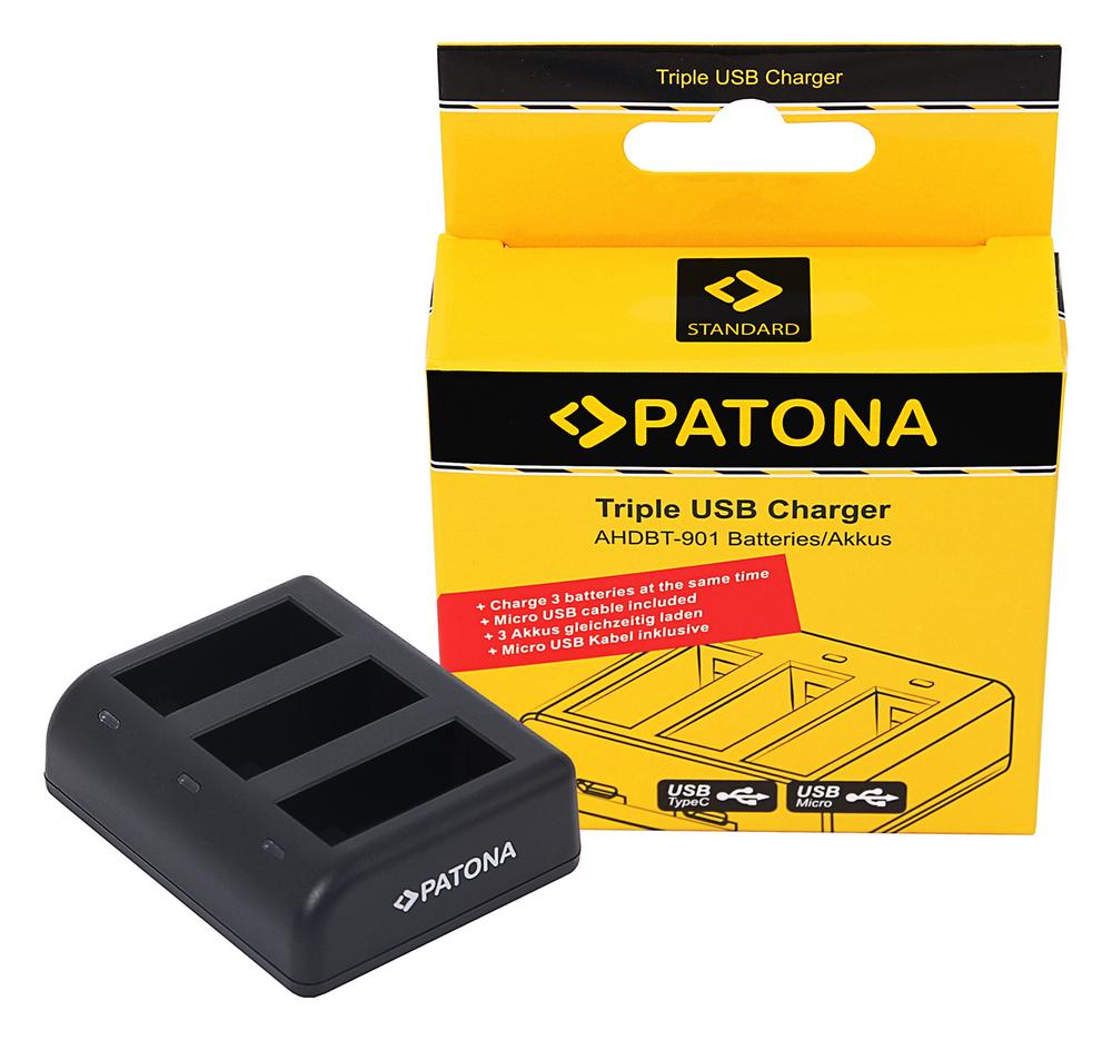 PATONA Triple Charger for GoPro Hero 9 Hero 10 Hero 11 AHDBT901 ADBAT001 ADDBD-211 with Micro USB