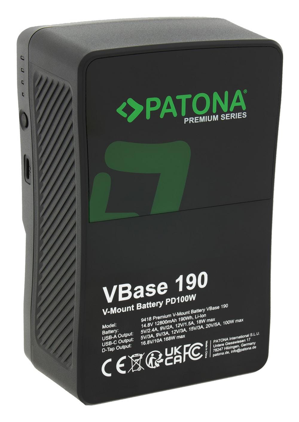 PATONA Premium Batterie V‑Mount VBase 190 PD 100W 190Wh USB‑C USB‑A D‑Tap Cellules Samsung incl. Hardcase