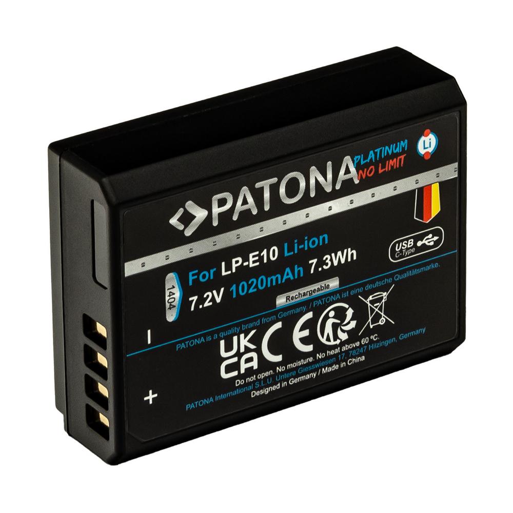 PATONA Platinum bateria com entrada USB‑C para Canon LP‑E10 EOS 1100D EOS 2000D EOS 4000D Kiss X50