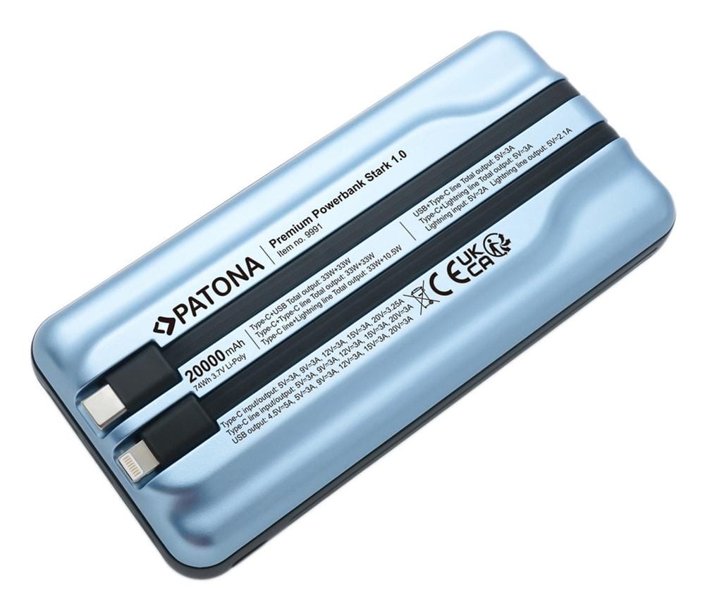 PATONA Premium Powerbank Stark 1.0 PD65W 20.000 mAh con 2 cavi di ricarica integrati USB‑C e Lightning
