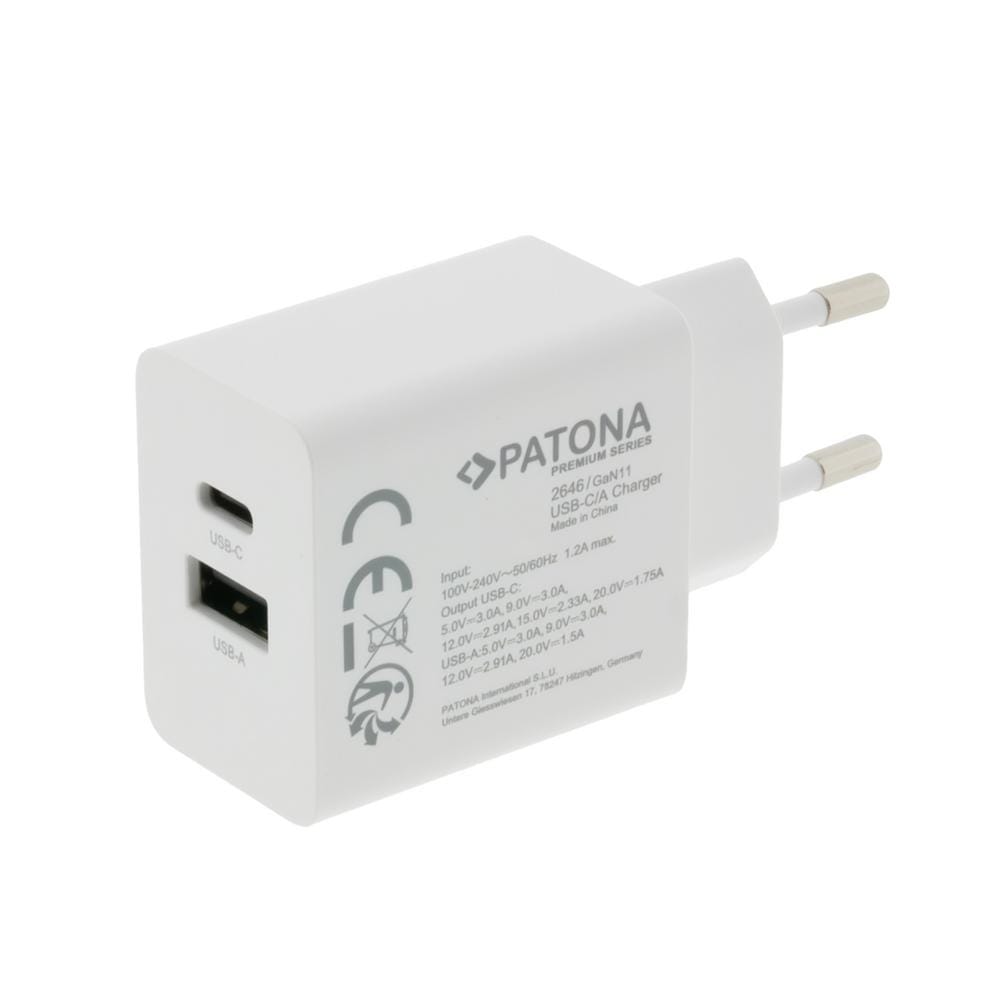 PATONA Premium GaN 35W Adattatore bianco con 1x USB‑C e 1x USB‑A, PD3.0 e QC3.0