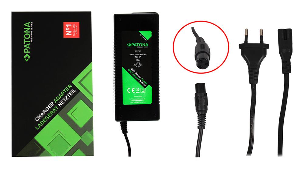 PATONA Caricatore Premium 42V 2A 3‑Pin per E‑Scooter, Roller, Skateboard e E‑Bike 36V