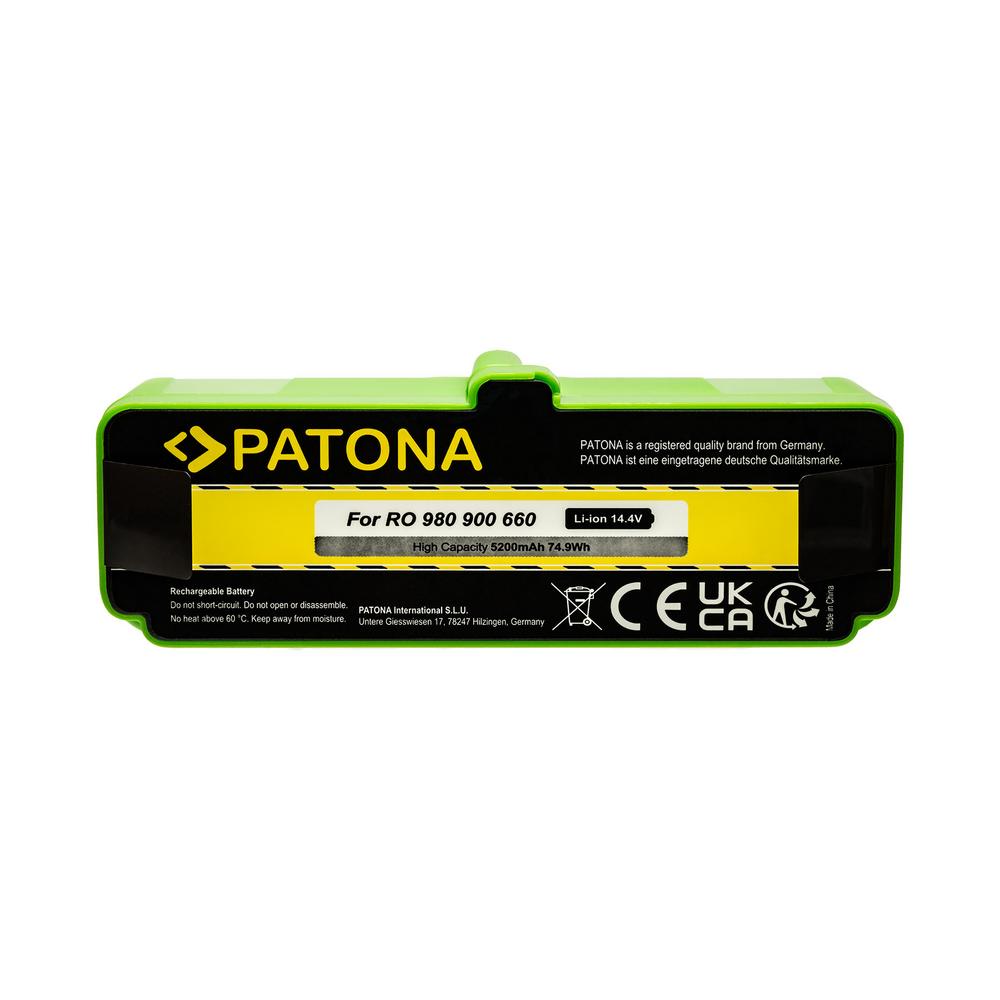 PATONA batería Li‑Ion 14,4 V 5200 mAh para iRobot Roomba 80501 500 510 520 530 532 535 540 550 555 560 562 563 564 570 580 581 770 780 800 870 880 serie R3