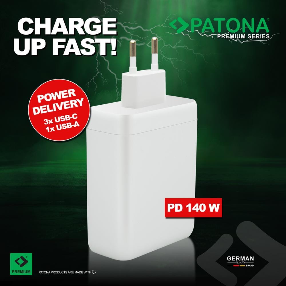 PATONA Premium GaN PD140W Adapter w Białym kolorze z 3 portami USB‑C i 1 portem USB‑A PD3.0 QC3.0