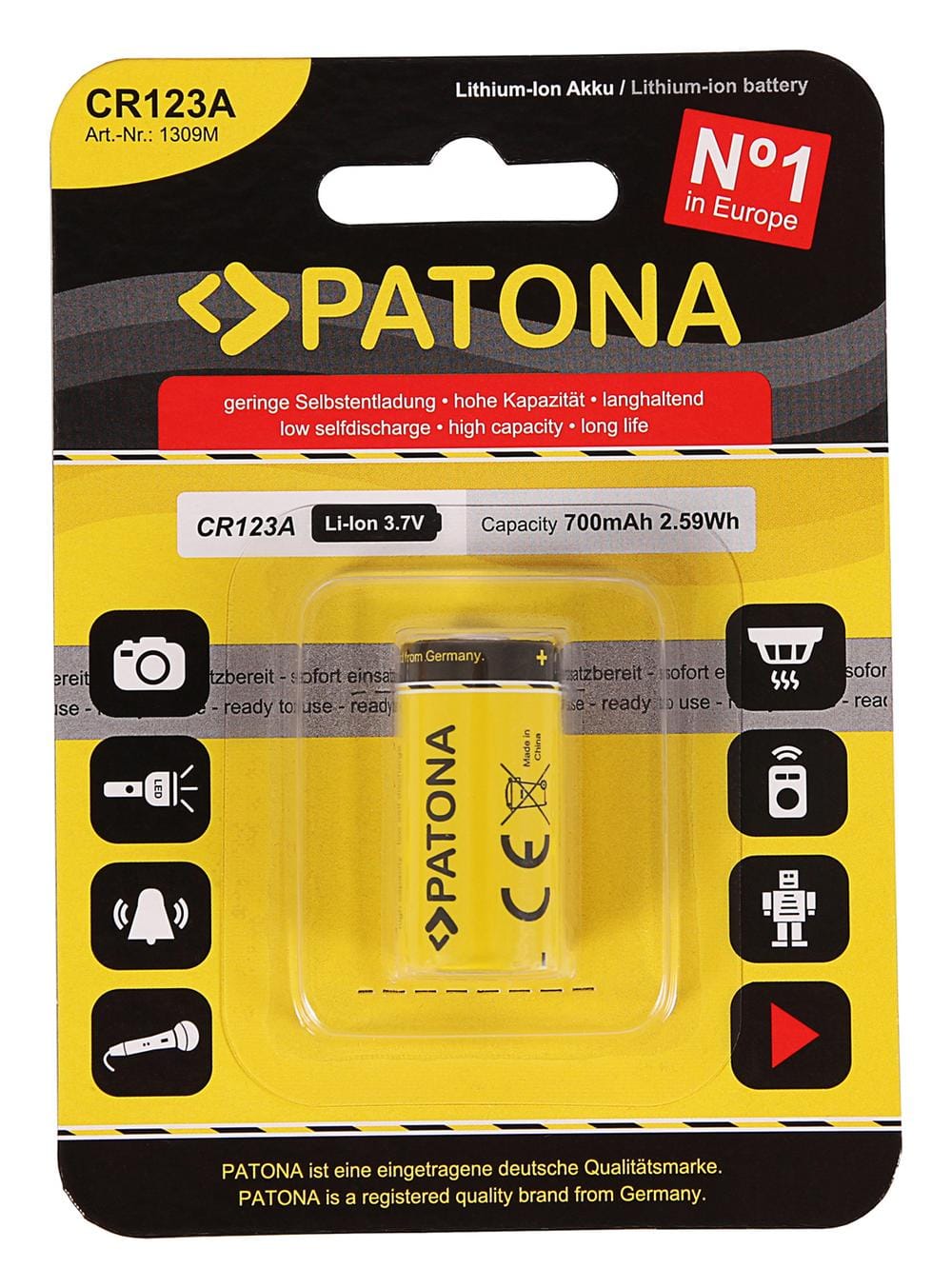 PATONA CR123A 16340 Li-Ion Battery 3.7 V 700 mAh for Digital Cameras, LED Flashlights, Laser Pointers, Video Surveillance Systems, Model Building PATONA CR123A 16340 Li-Ion Battery 3.7 V 700 mAh for Digital Cameras, LED Flashlights, Laser Pointers, Video Surveillance Systems, Model Building