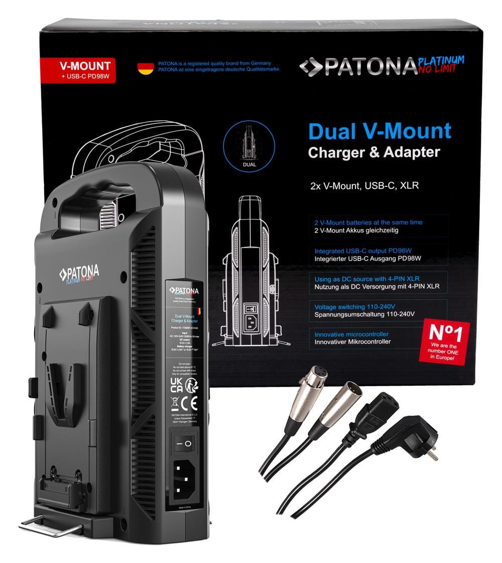 PATONA Platinum Chargeur 2 Canaux pour Batteries V‑Mount 6A×2 USB‑C PD100W incl. câble XLR 4 broches PATONA Platinum Chargeur 2 Canaux pour Batteries V‑Mount 6A×2 USB‑C PD100W incl. câble XLR 4 broches