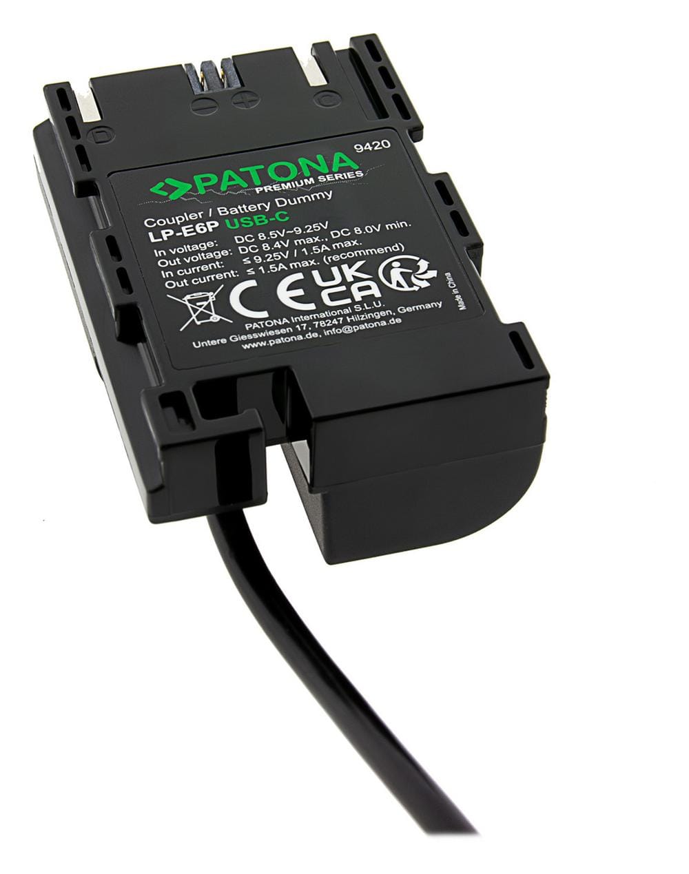 PATONA Premium Adapter zasilania USB-C do akumulatora Canon LP-E6P LPE6P EOS R5 R5 Mark II R6 R6 Mark II