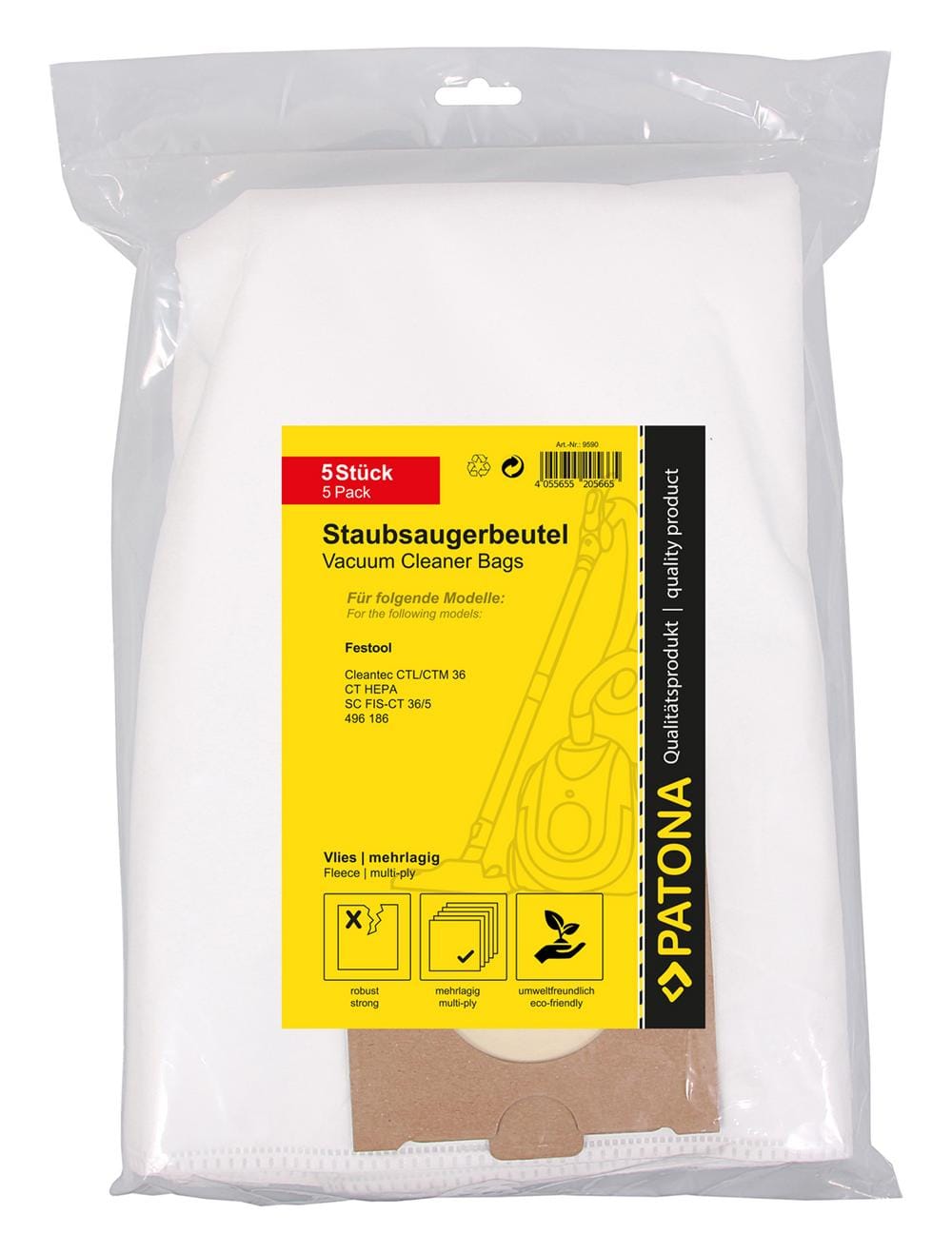 PATONA 5 sacos de aspirador de vellón multicamada para Festool CT36 CTL36 CTM36 CT HEPA FIS-CT SYS 5 496186